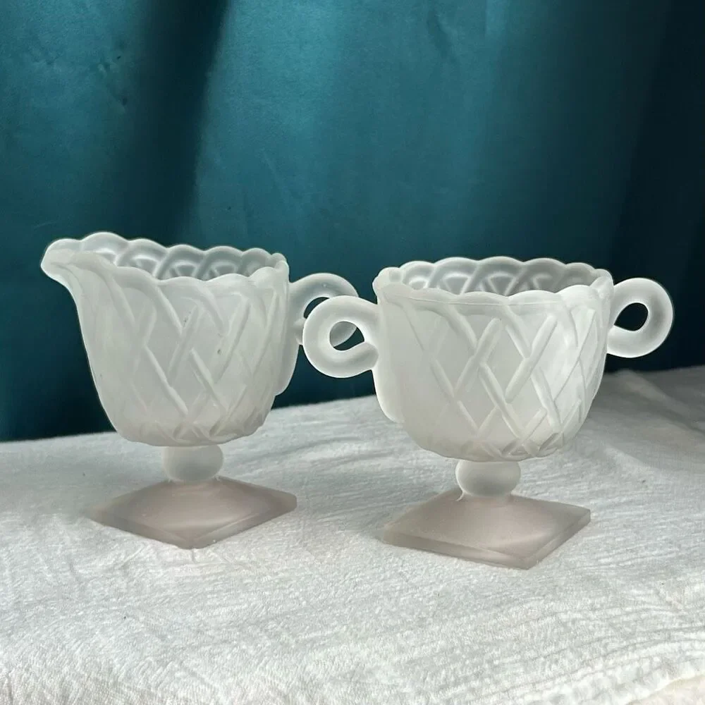 Indiana Glass Frosted Pretzel Pattern Creamer and Sugar Set